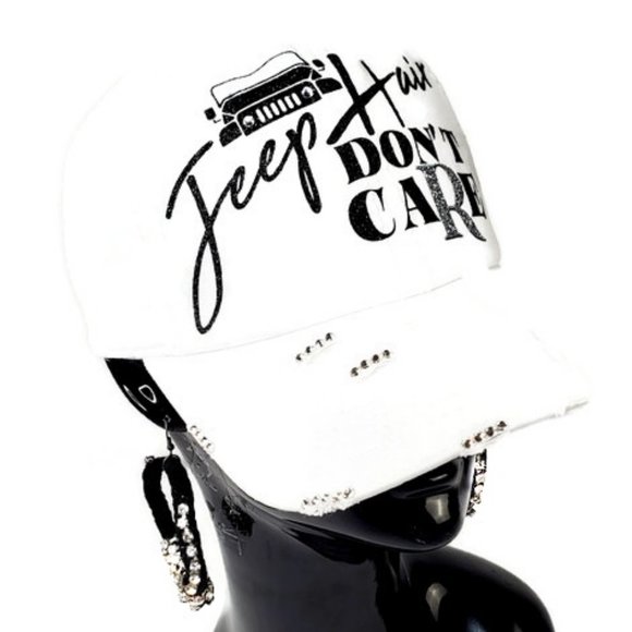 Jeep Hair Don't Care White Distressed Cap with Swarovski Crystals. - Picture 6 of 11